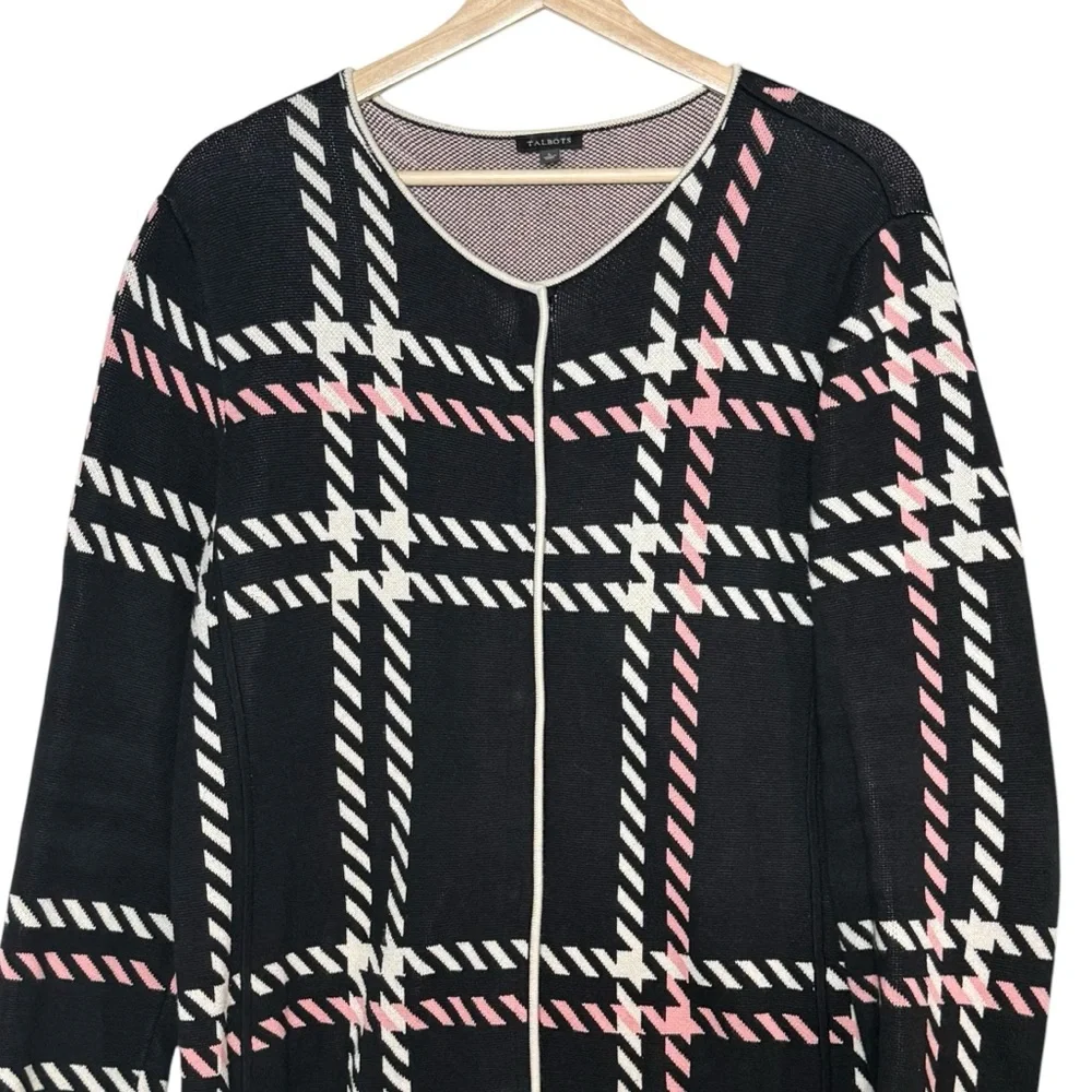Talbots Checkered Plaid Knit Coatigan Long Knit Sweater Coat Size L Snap Close